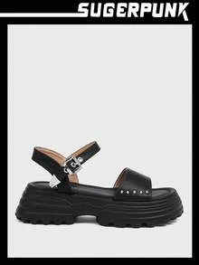 Sugerpunk Women's Black Platform Wedge Sandals, Suitable For Daily Wear Fall - Black - View 1