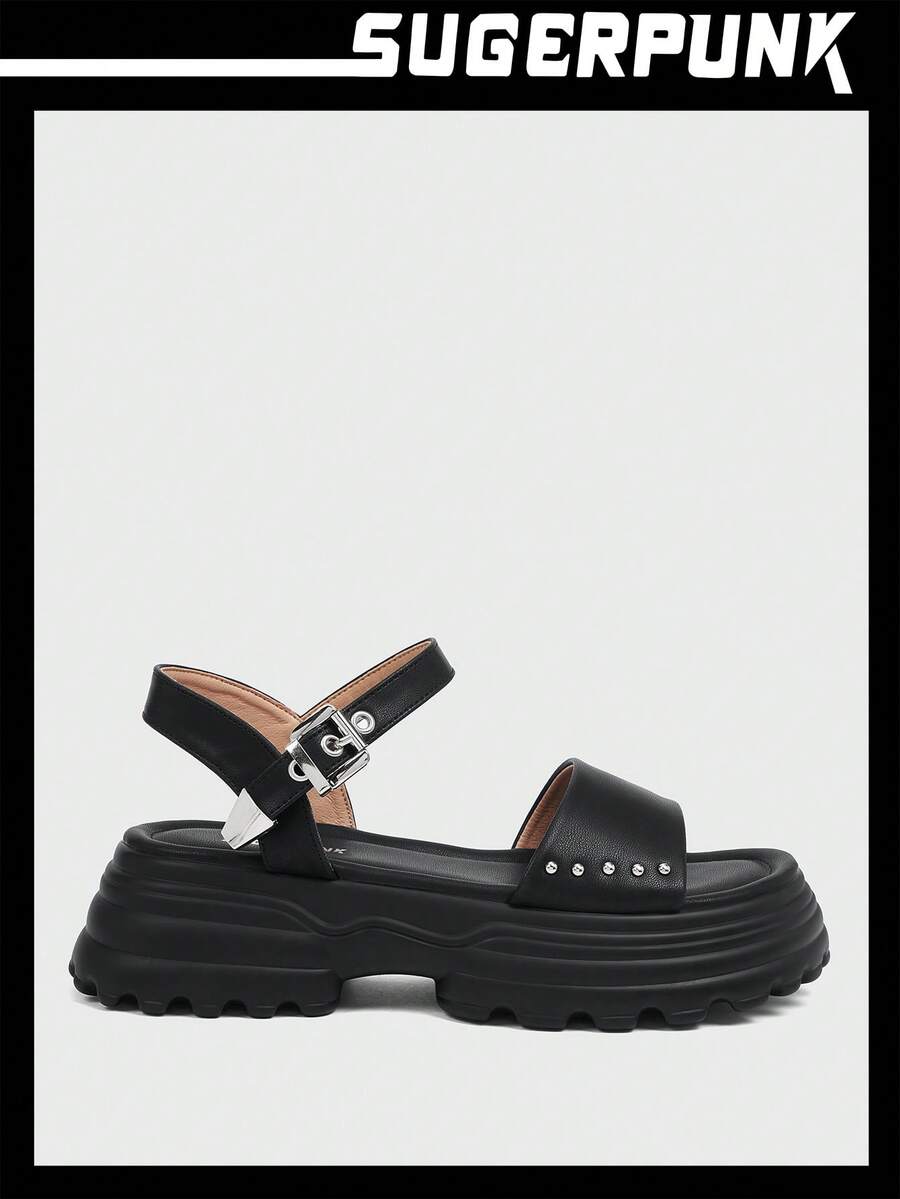 Sugerpunk Women's Black Platform Wedge Sandals, Suitable For Daily Wear Fall - Black - View 1