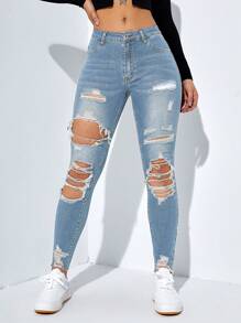 Jeanoix Ladies' Plain & Simple Everyday Distressed Denim Jeans - Dark Wash - View 4