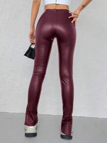 EURMUSE Split Hem PU Pants - Burgundy - View 2
