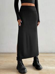 SHEIN EZwear Women's Fashion Solid Color Slim Fit Split Hem Long Skirt