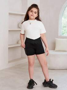 SHEIN Tween Girl Extended Size Sporty Knit Solid Color Shorts For Spring And Summer