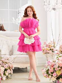 Vestido De Tirantes De Tul En Capas De Color Sólido Para Niña Adolescente Con Correas De Hombro Y Cinturón Extraíbles - Rosa Fucsia - Ver 9