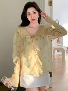 DAZY Áo kiểu nữ tay dài dáng rộng cổ chữ V in hoa, viền bèo nhún, phong cách boho, thích hợp cho kỳ nghỉ. - Màu vàng - Xem 6