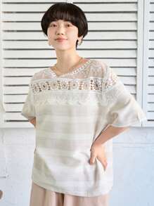 FRIFUL Women's Simple Solid Color Daily Lace Decorated Blouse - Apricot - View 6