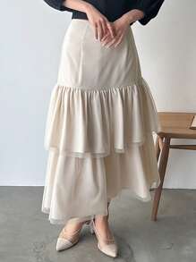 FRIFUL Women's Solid Color Casual Ruffle Hem Skirt - Apricot - View 3