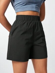 SHEIN Sports Solid Color Elastic Waistband Sports Shorts With Pockets, Summer - Black - View 8