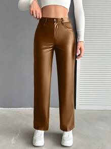 EURMUSE High Waist PU Leather Wide Leg Pants - Brown - View 4
