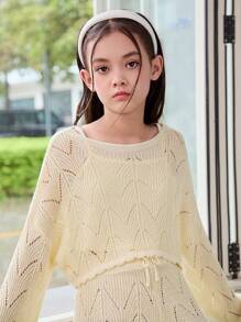 Tween Girl Casual Solid Color Comfortable Sweater Suit With Round Neckline And Pullover Top And Pants - Apricot - View 3