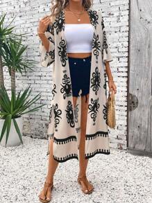 SHEIN LUNE Damska koszulka z ochroną przeciwsłoneczną i nadrukiem na letnie wakacje na plaży, długa czarna z szalowymi rękawami - Morela - Zobacz 1