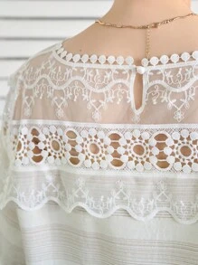 FRIFUL Women's Simple Solid Color Daily Lace Decorated Blouse - Apricot - View 5
