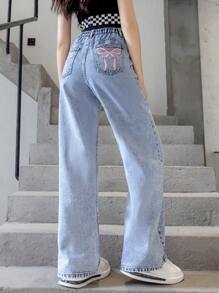 SHEIN 青少女休閒蝴蝶印花直腳牛仔褲，水洗工藝 - 淺色水洗藍 - 查看 3