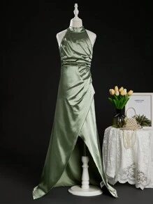 SHEIN Tween Girl Shiny Halter Neck Fish Tail Long Dress With Waist Belt And High Slit, Perfect For Weddings, Birthday Parties And Banquets - Green - View 5