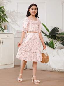 Áo dài tay cổ vuông màu hồng nhạt của Tween Girl và váy chữ A rộng màu hồng nhạt Trang phục phù hợp cho gia đình (4 bộ được bán riêng) - Màu Hồng baby - Xem 4
