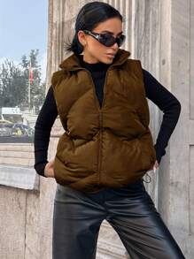 EURMUSE Women'S Solid Color Vest Padded Coat - Chocolate Brown - View 4