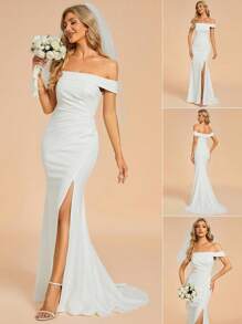 Sexy Off-Shoulder High Slit Mermaid Wedding Dress White Elegant Bridal Dress - White - View 4