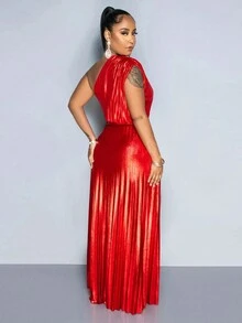 Women's Summer Asymmetrical Neck Party Pleated Maxi Dress - Red - View 4