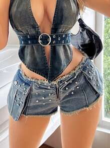 SHEIN ICON Women's Crystal Rhinestone Decoration Patchwork Frayed Edge Denim Shorts With Pockets, Casual Style - Blue - View 6
