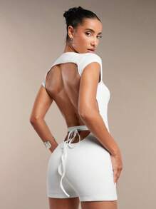 SHEIN BAE Jumpsuits de mujer, conjunto de entrenamiento de una sola pieza, Mono sin espalda, Mono con tirantes cruzados, Mono con escote cuadrado, Mono de mangas cortas, Mono de longitud corta, vestimenta de concierto para mujeres, atuendos sexys, atuendo para conciertos de música country, monos de mujer - Blanco - Ver 5