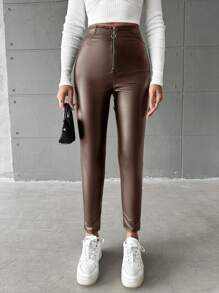 SHEIN Cottnline Women's Zipper Fly Open Front Skinny Pants - Brown - View 1
