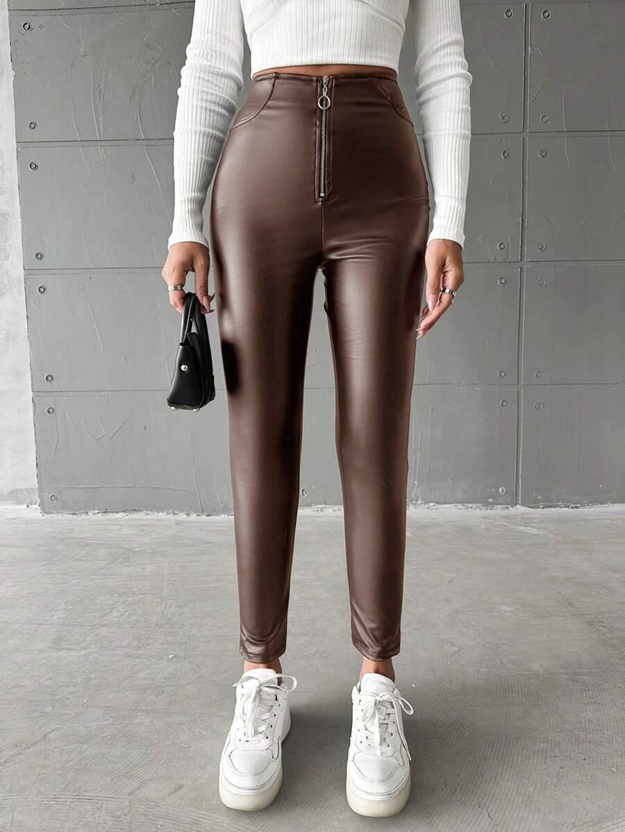 SHEIN Cottnline Women's Zipper Fly Open Front Skinny Pants - Brown - View 1