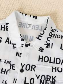 SHEIN Tween男童加大碼全印花英文字母立領短袖鈕扣恤衫和短褲套裝，夏季 - 白色 - 查看 4