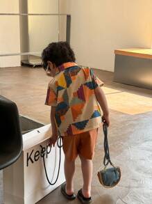 Young Boy Casual Holiday College Comfortable Colorful Printed Short Sleeve Shirt And Solid Color Shorts 2pcs Set