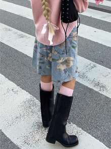 Quần short denim họa tiết hoa vintage Y2K Street, túi xéo, viền thô, thích hợp cho kỳ nghỉ hè. - Màu xanh lam - Xem 2