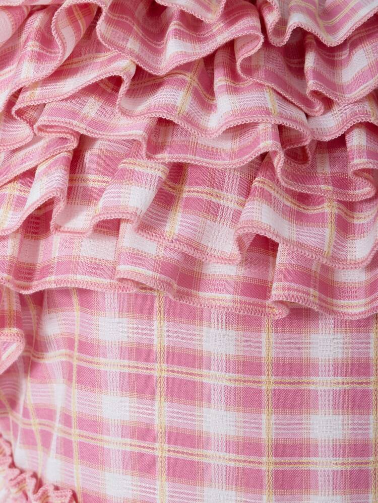 Teen Girl Summer Holiday Plaid Multi-Layer Ruffle Hem Cami Dress