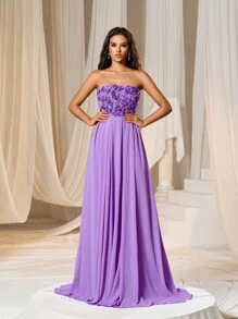 Đầm Dây kéo Đề can ghép mộng kim sa màu trơn Thanh lịch - Màu tím hoa cà - Xem 3