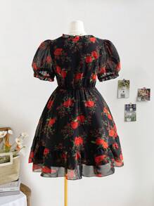 Soleia Black Base With Red Rose Floral V-Neck Tie Waist A-Line Romantic Casual Holiday Plus Size A-Line Dress - Multicolor - View 2