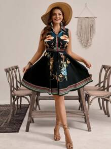 SHEIN VCAY Plus Size Women's Fashionable Elegant Peacock Printed Sleeveless Turn-Down Collar Dress - Multicolor - View 1