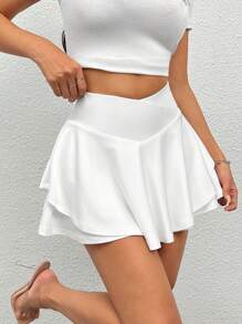 SHEIN PETITE 運動基本v字腰泳裙打底褲 - 白色 - 查看 5