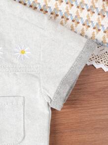 Baby Girl Frayed & Embroidered Denim Shorts Set - Black and White - View 7