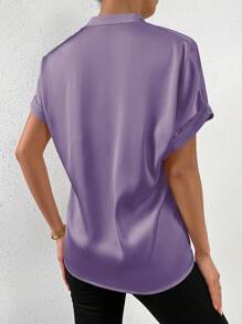 Chiquease Summer Casual Solid Color Stand Collar Batwing Sleeve Shirt - Mauve Purple - View 2