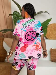 Slaydiva 大尺碼夏季休閒彩墨塗鴉印花短袖T恤和短褲套裝