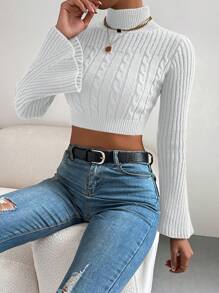 EURMUSE Casual Solid Color Stand Collar Flare Sleeve Cropped Sweater, Autumn/Winter - White - View 6