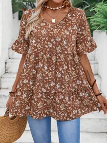 EMERY ROSE Women's V-Neck Printed Ruffle Hem Summer Vacation Blouse - Multicolor - View 3