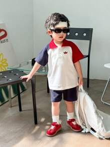 Young Boy Stylish Color-Block Short Sleeve Polo Shirt And Shorts Set - Multicolor - View 5