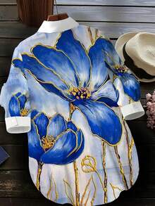 Camisa informal de manga larga con cuello, de corte holgado y estampada, con acabado suave para mujer, Tops de manga larga