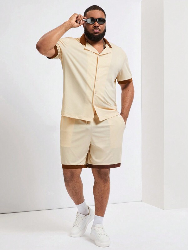 Manfinity Homme Men's Plus Size Simple Solid Color Short Sleeve Shirt And Shorts Set