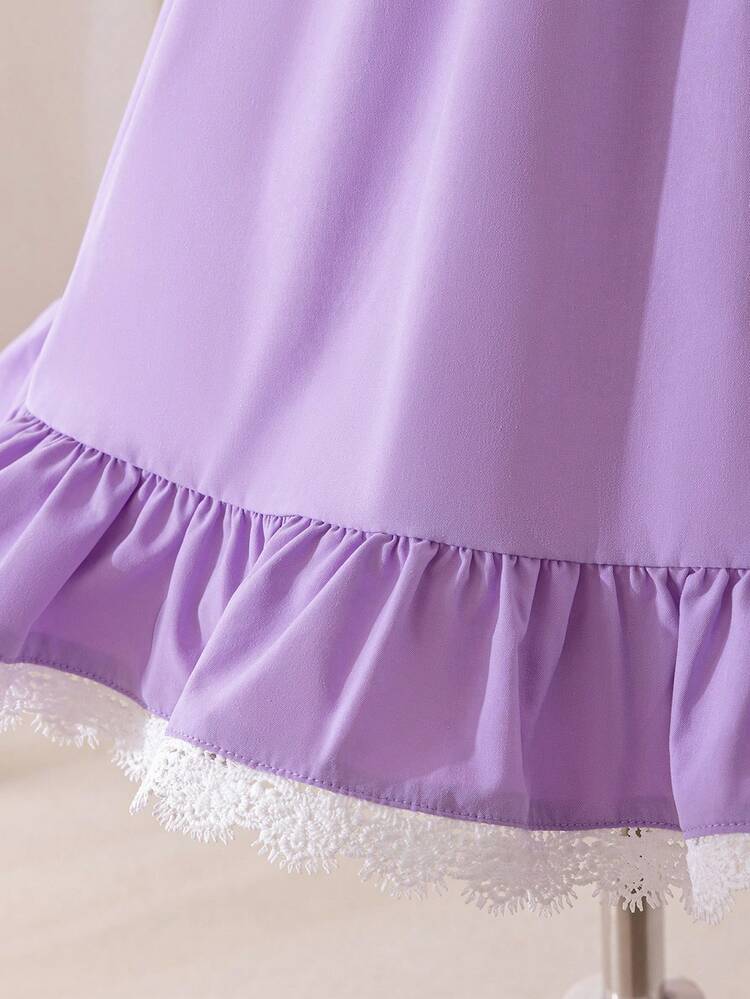 Young Girl Woven Solid Lace Embellished Ruffled Sleeveless Fitted Casual Dress