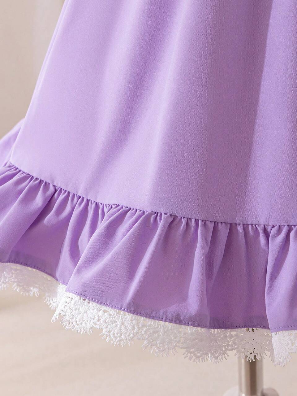 Young Girl Woven Solid Lace Embellished Ruffled Sleeveless Fitted Casual Dress