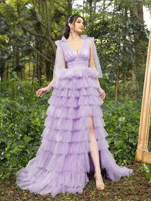 Faeriesty Váy dạ hội cổ chữ V sâu có lưới viền bánh dành cho nữ - Màu Lilac Tím - Xem 5