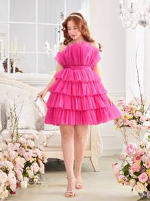 Vestido De Tirantes De Tul En Capas De Color Sólido Para Niña Adolescente Con Correas De Hombro Y Cinturón Extraíbles - Rosa Fucsia - Ver 10
