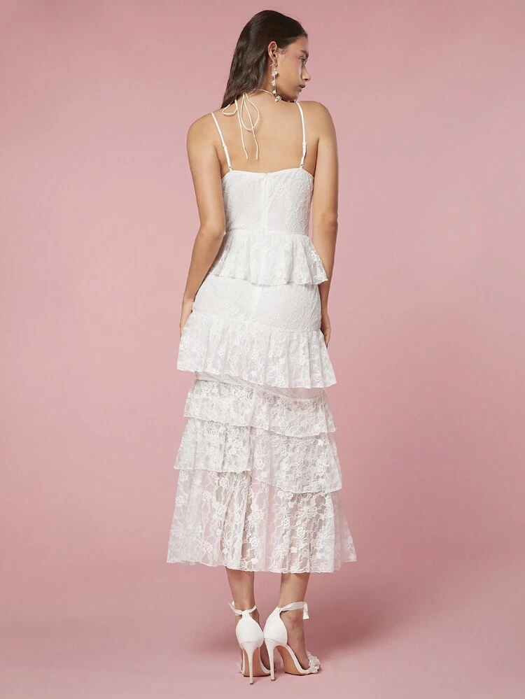 Vestido de verano ajustado para mujer con tirantes de espagueti, volantes en capas y abertura alta