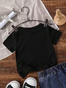 寶寶男童簡約字母印花短袖T恤，夏季款 - 黑色 - 查看 2