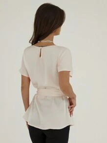 Aloruh 簡約通勤杏色緞面束腰女襯衫，下擺呈鈴蕾狀 - 香檳色 - 查看 2