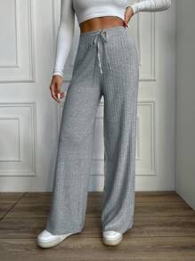 SHEIN Cottnline 純色針織喇叭袖毛衣和褲子套裝 - 淺灰色 - 查看 3