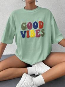 Letter Flocking Drop Shoulder Tee - Green - View 1